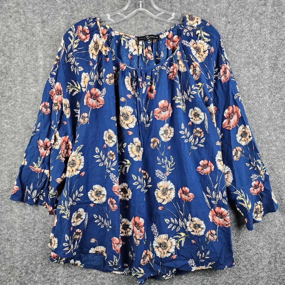 Fred David Floral Blouse Women 2X Blue Excellent Boho 3/4 Bell Sleeve Rayon‎ Top